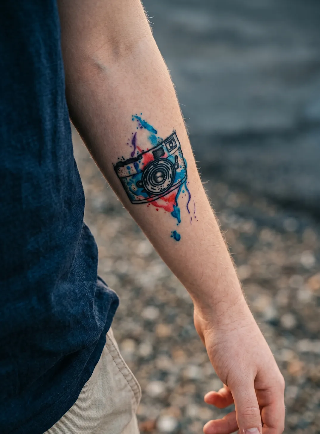 Suluboya renkli fotoğraf makinesi kol dövmesi — BegoTattoo Taksim İstanbul