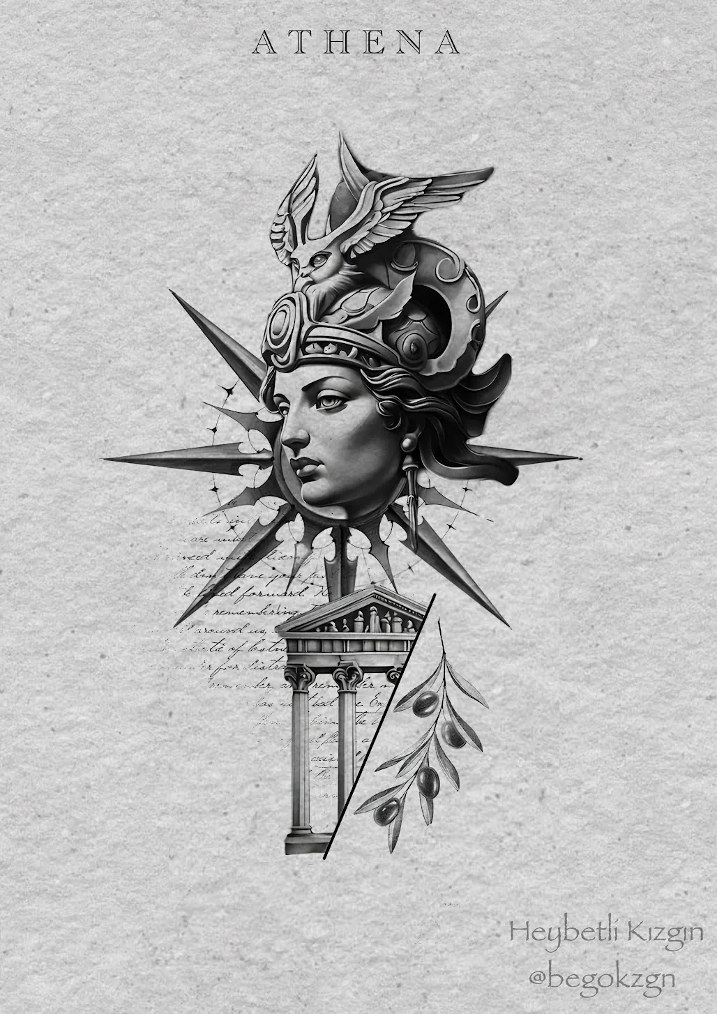 Athena temalı kişiye özel dövme tasarımı — BegoTattoo İstanbul