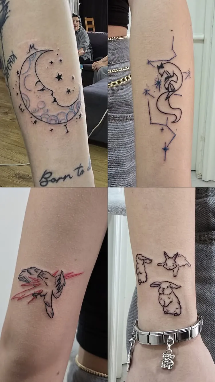Minimalist fine line dövmeler: ay, tilki, kuş ve tavşan — BegoTattoo Taksim İstanbul